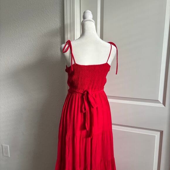 Lulus Seek Your Sunshine Red Tie-Strap Cutout Tiered Maxi Dress M Vacation - Picture 11 of 13